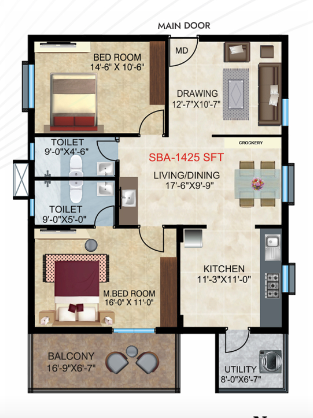 Home Town Heights 2 BHK 1425 SFT North facing floor plan