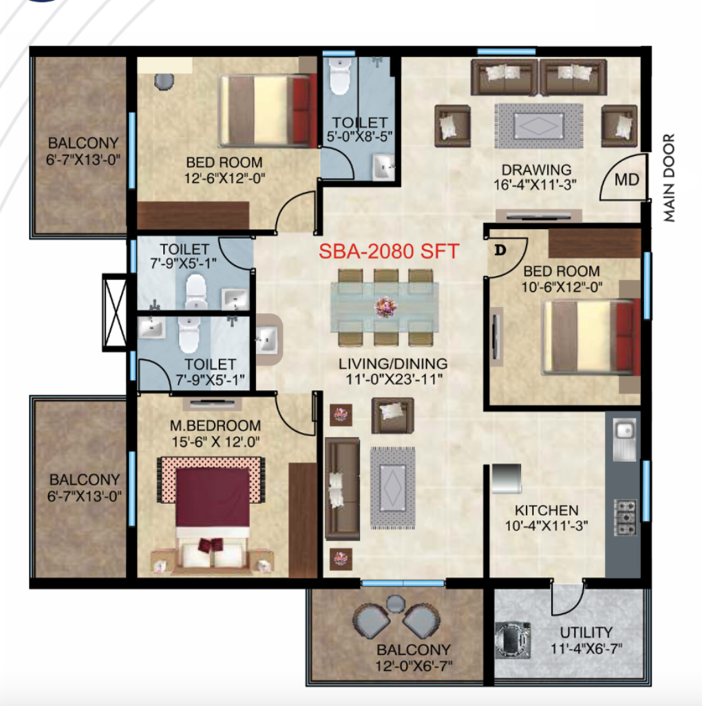 Home Town Heights 3 BHK 2105 SFT East facing floor plan